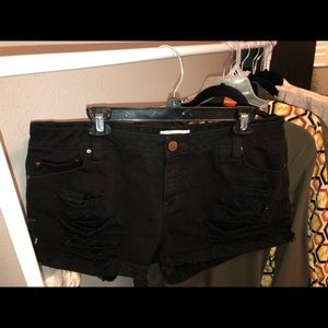 Black distressed denim shorts